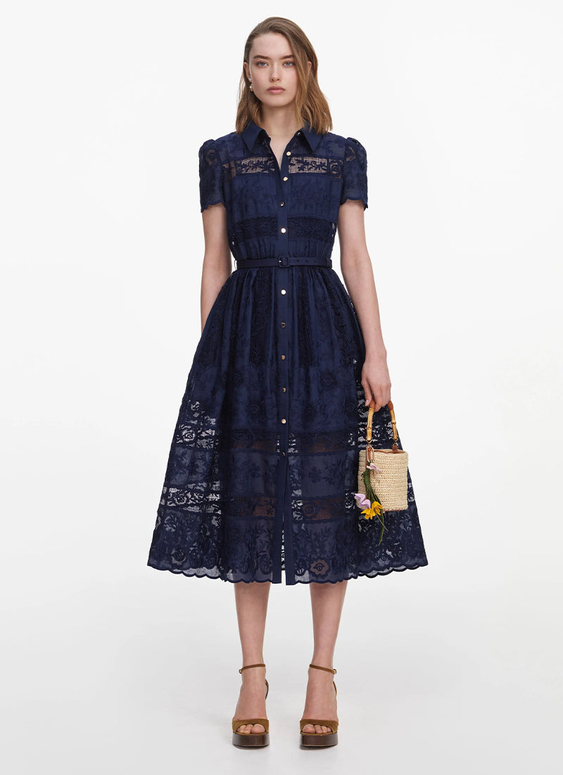 Self Portrait Navy Ramie Collared Midi Dress