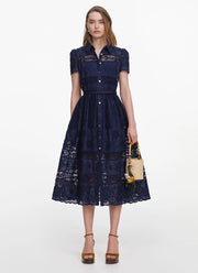 Self Portrait Navy Ramie Collared Midi Dress