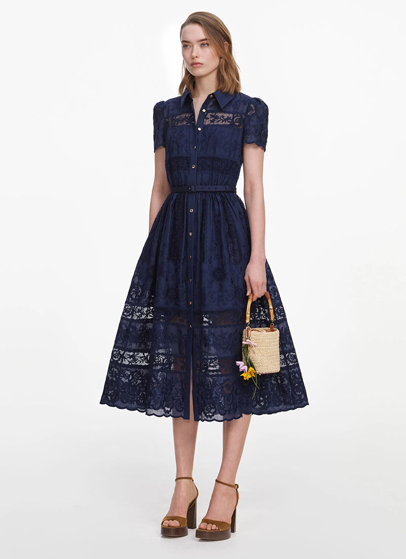 Self Portrait Navy Ramie Collared Midi Dress