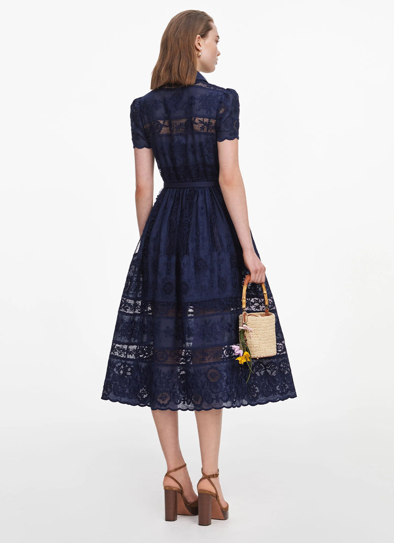Self Portrait Navy Ramie Collared Midi Dress