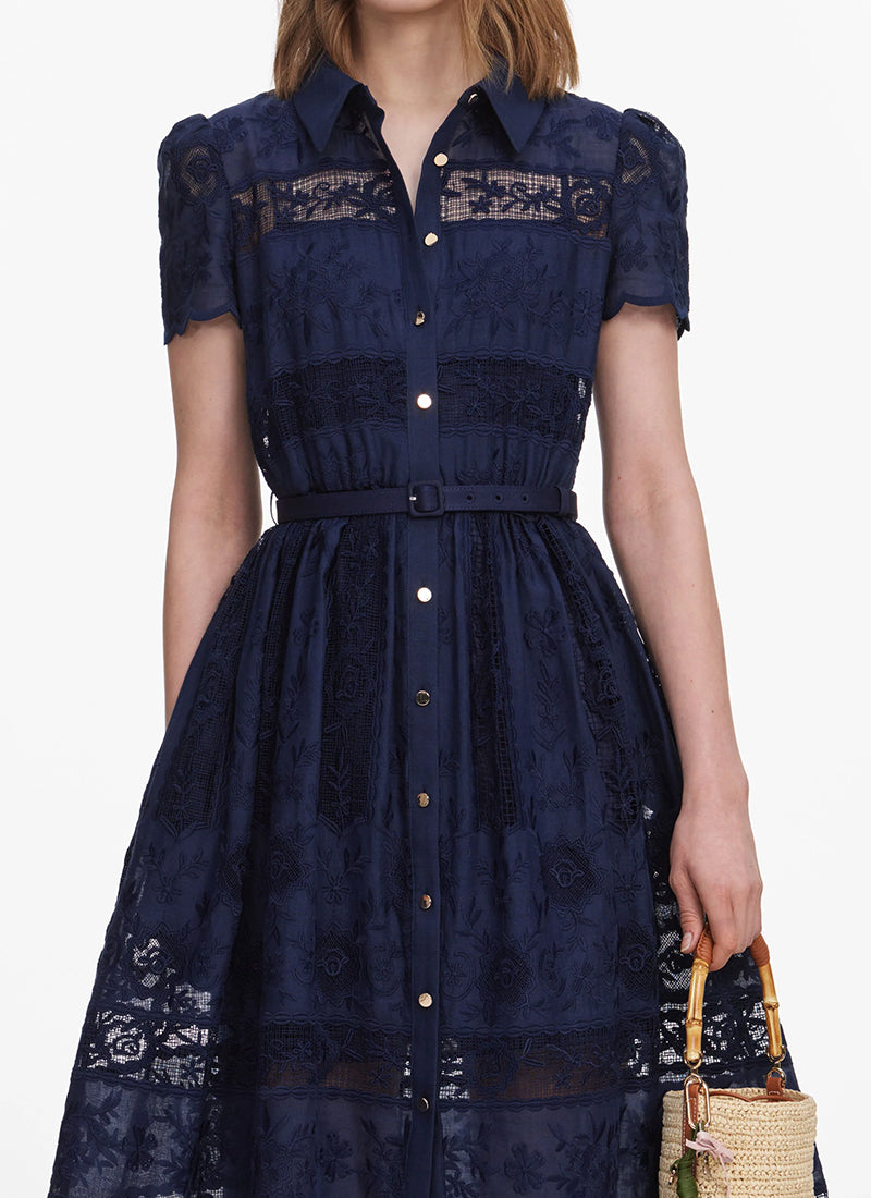 Self Portrait Navy Ramie Collared Midi Dress
