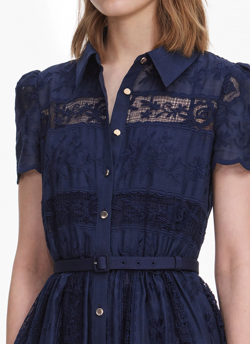 Self Portrait Navy Ramie Collared Midi Dress