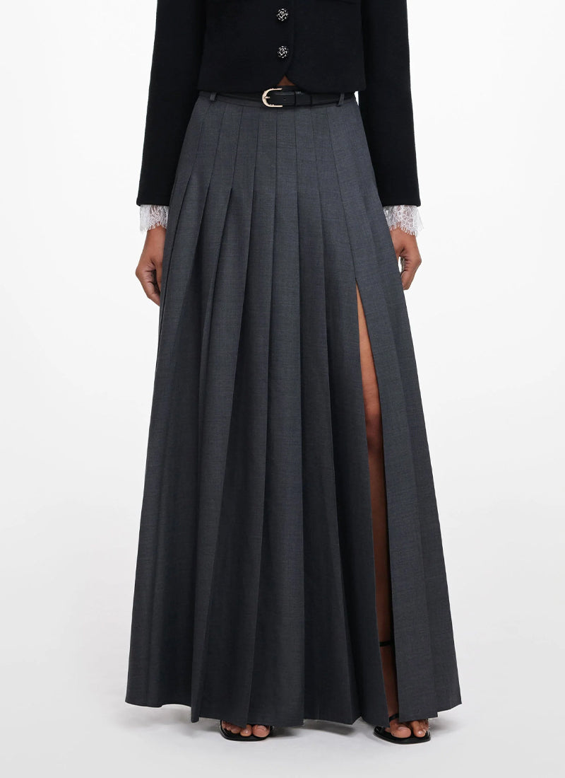 Grey Pleated Maxi Skirt by Self Portrait