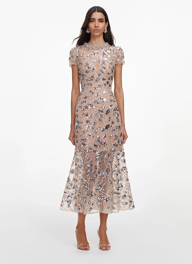 Silver Sequin Embellished Midi Dress by Self Portrait