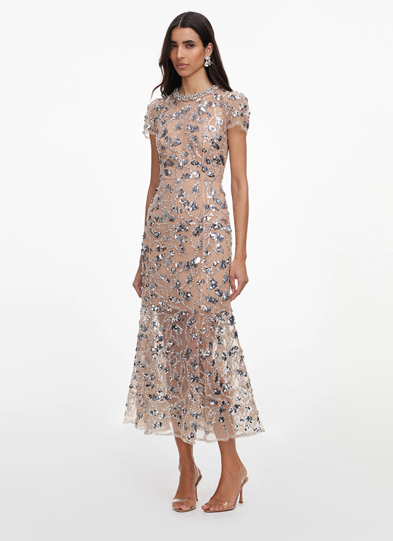 Silver Sequin Embellished Midi Dress by Self Portrait