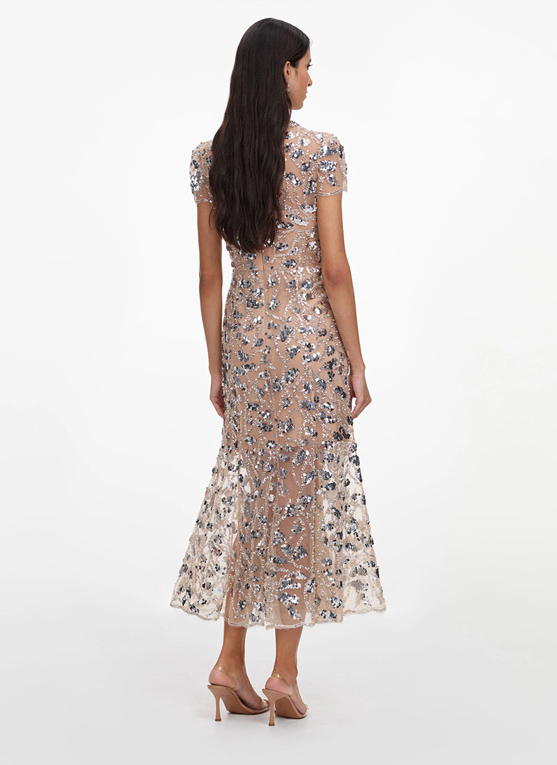 silver sequin midi dress Silver Sequin Embellished Midi Dress by Self Portrait