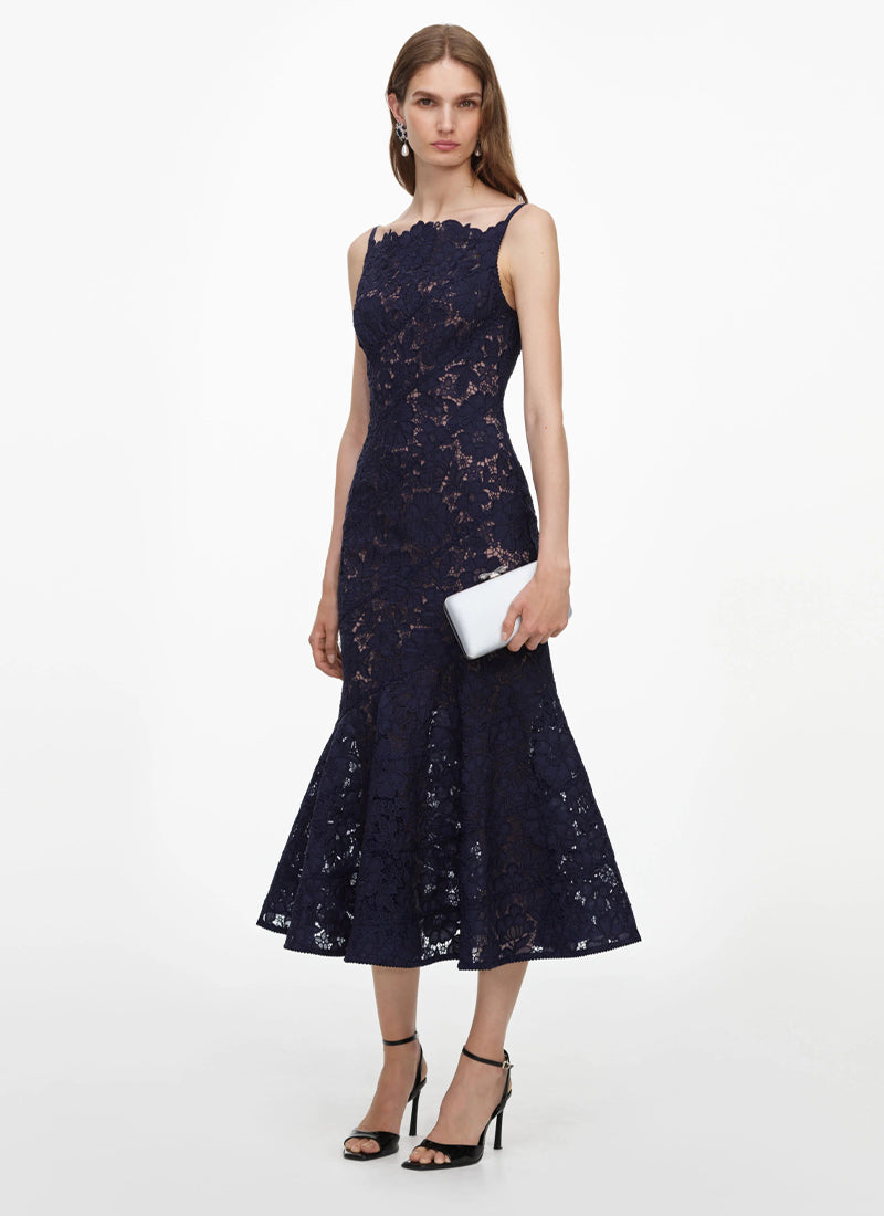 Navy Spiral Lace Midi Dress