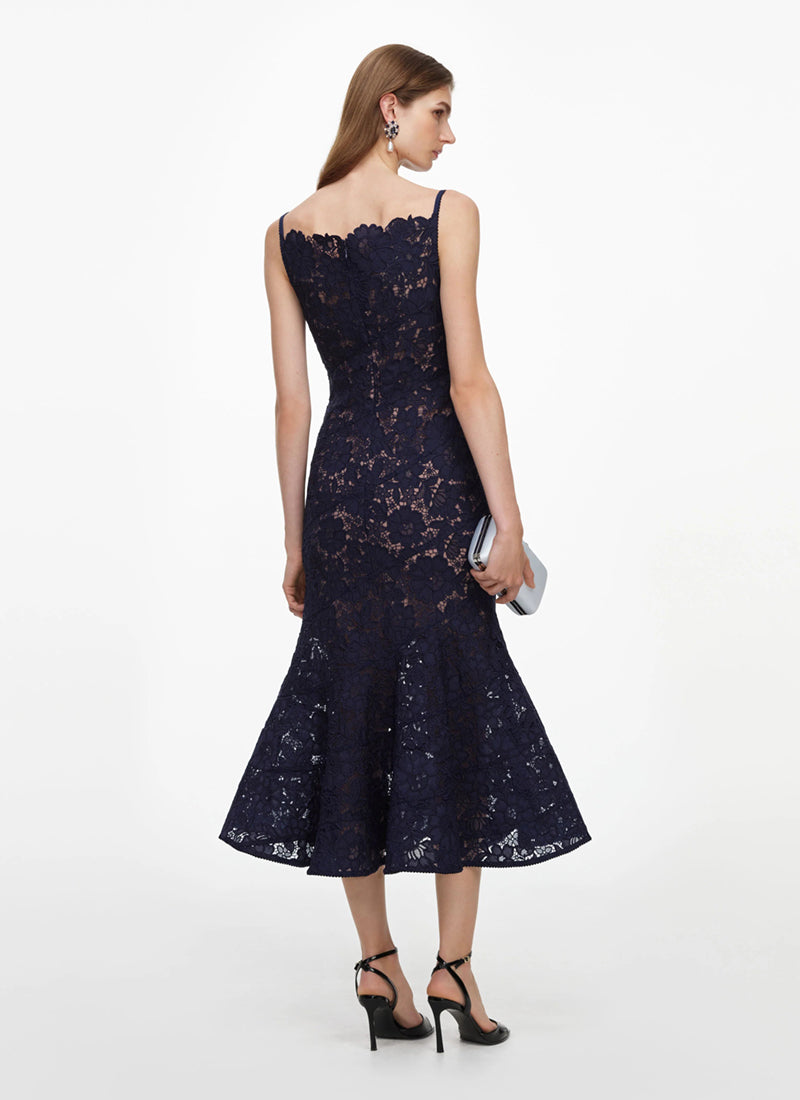 Navy Spiral Lace Midi Dress