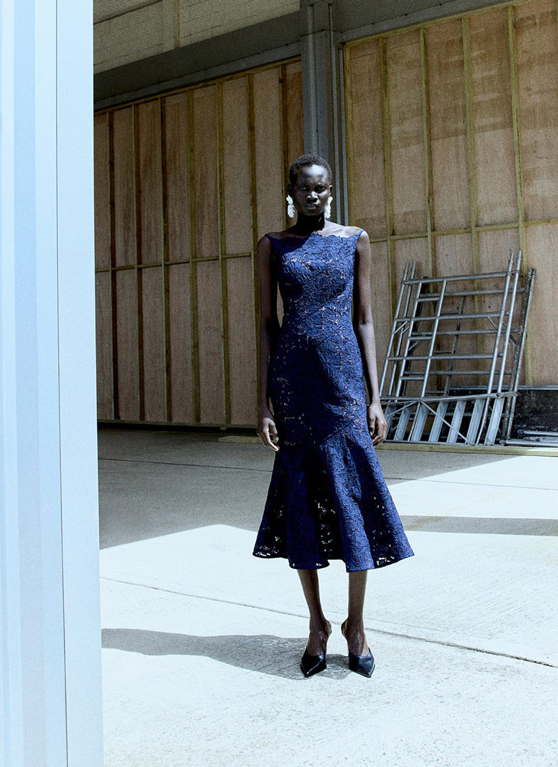 Navy Spiral Lace Midi Dress