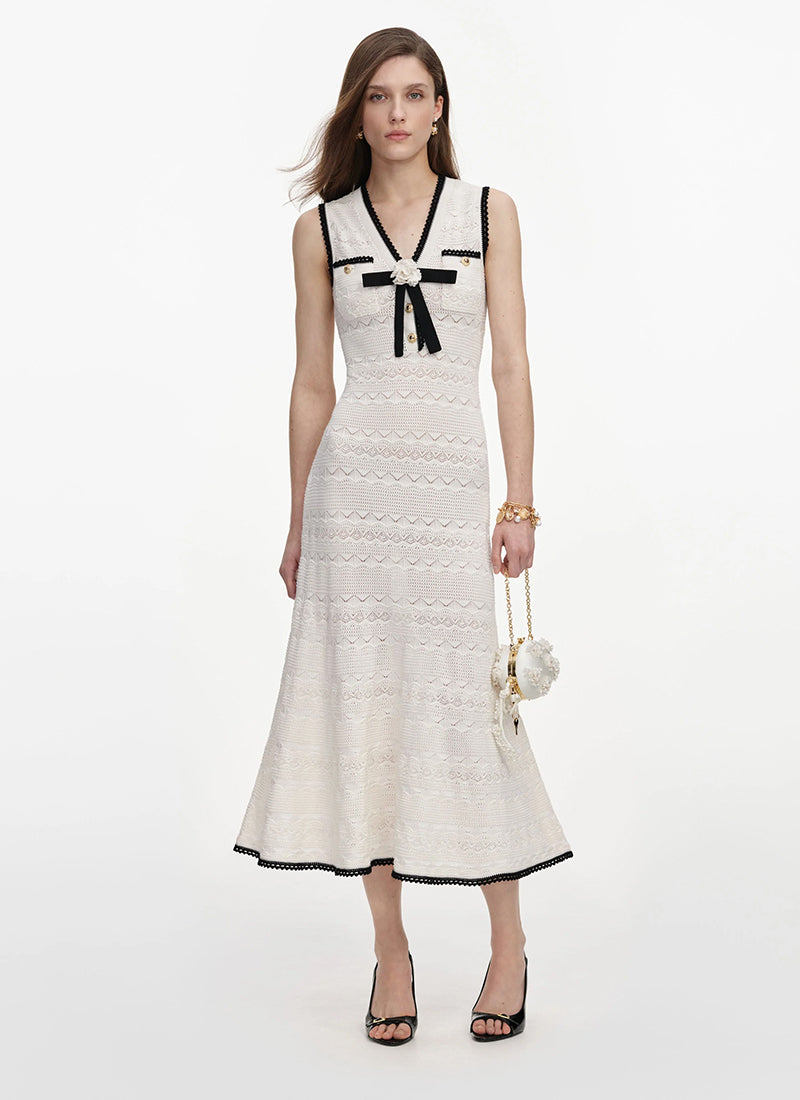 White Pointelle Knit Midi Dress by Self Portrait