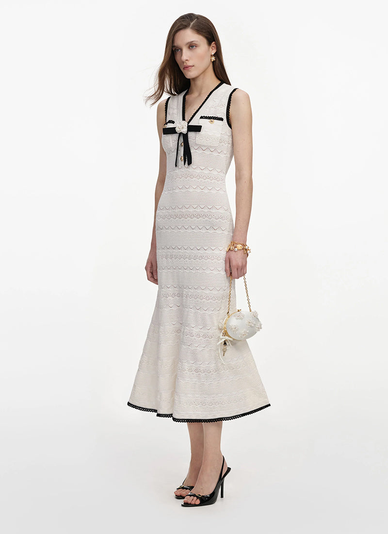 White Pointelle Knit Midi Dress by Self Portrait