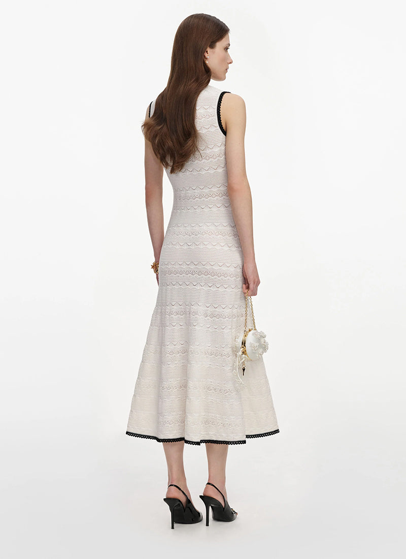 White Pointelle Knit Midi Dress by Self Portrait