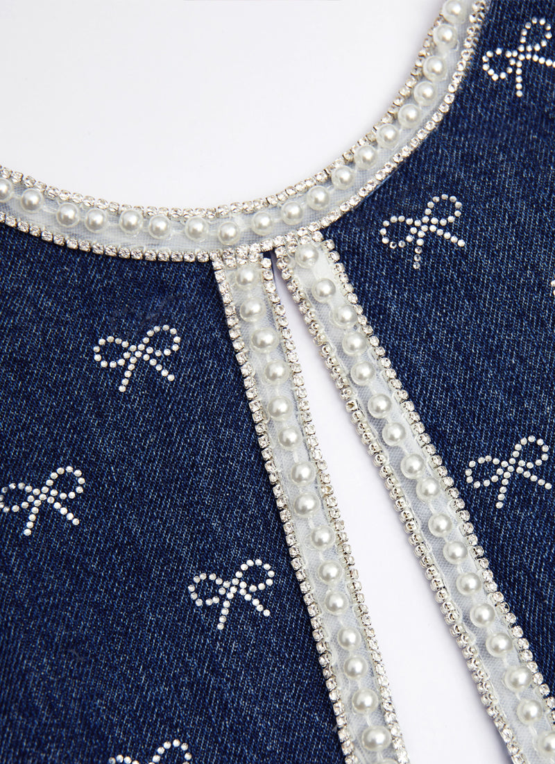 Self Portrait Denim Diamante Bow Mini Dress