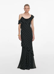 Self Portrait Black Polka Dot Georgette Maxi Dress