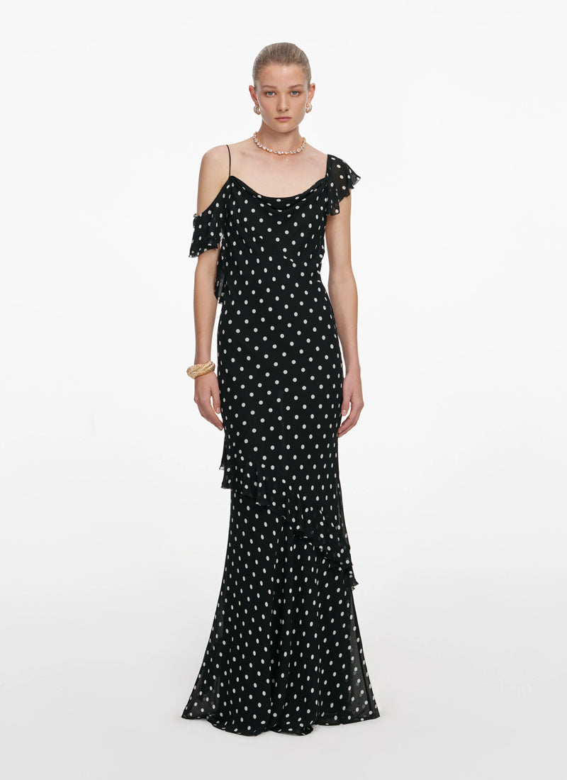 Self Portrait Black Polka Dot Georgette Maxi Dress