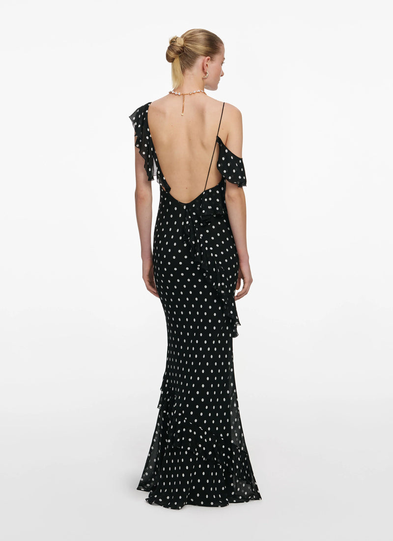 Self Portrait Black Polka Dot Georgette Maxi Dress