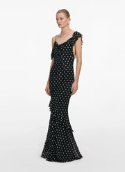 Self Portrait Black Polka Dot Georgette Maxi Dress