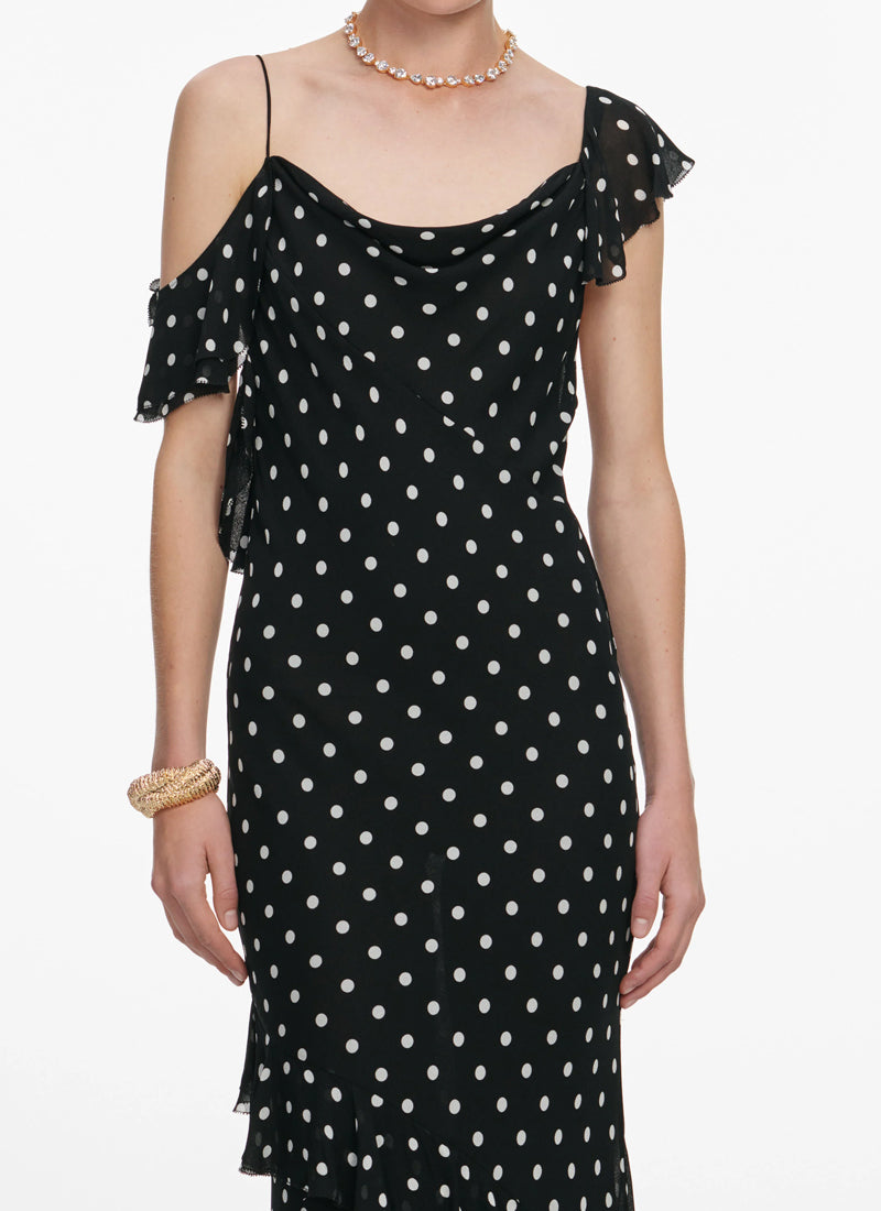 Self Portrait Black Polka Dot Georgette Maxi Dress
