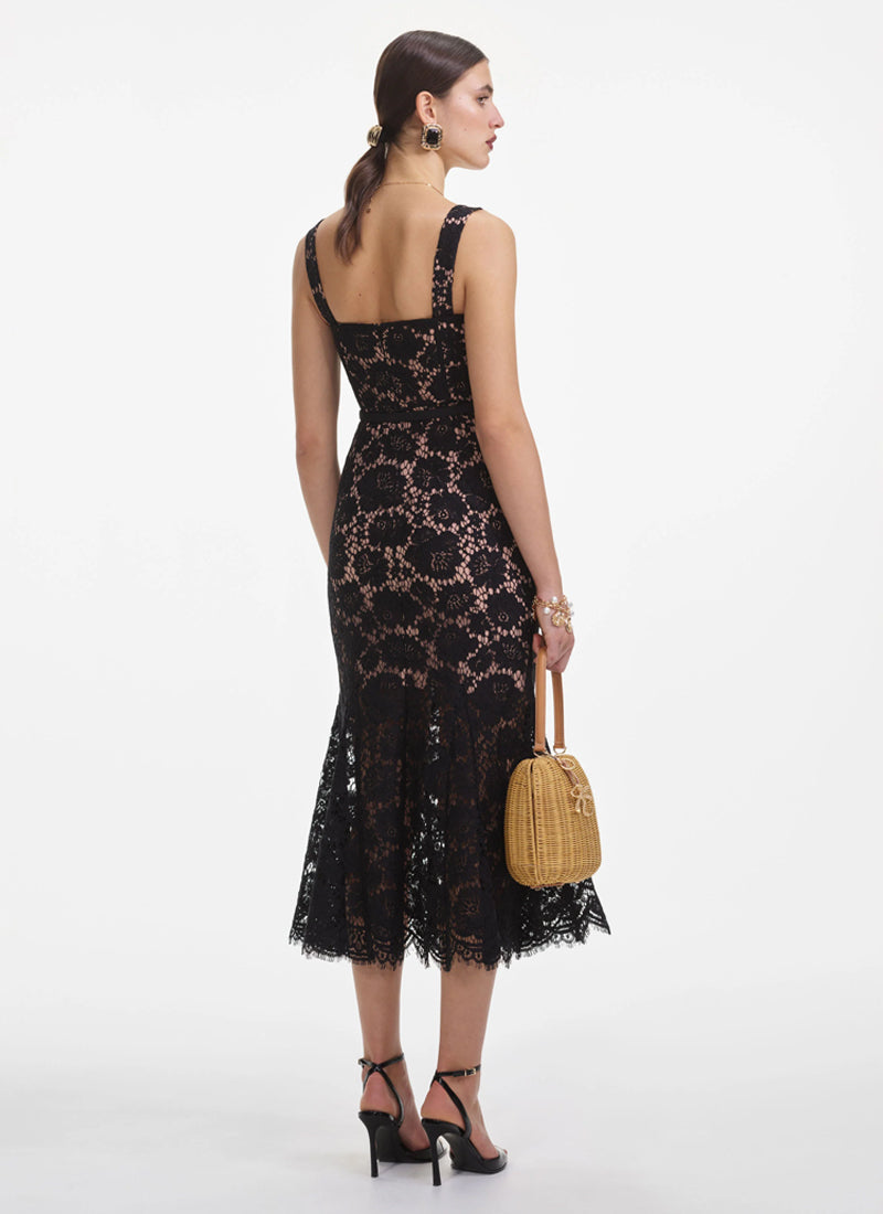 Self Portrait Fine Lace Belted Midi Dress