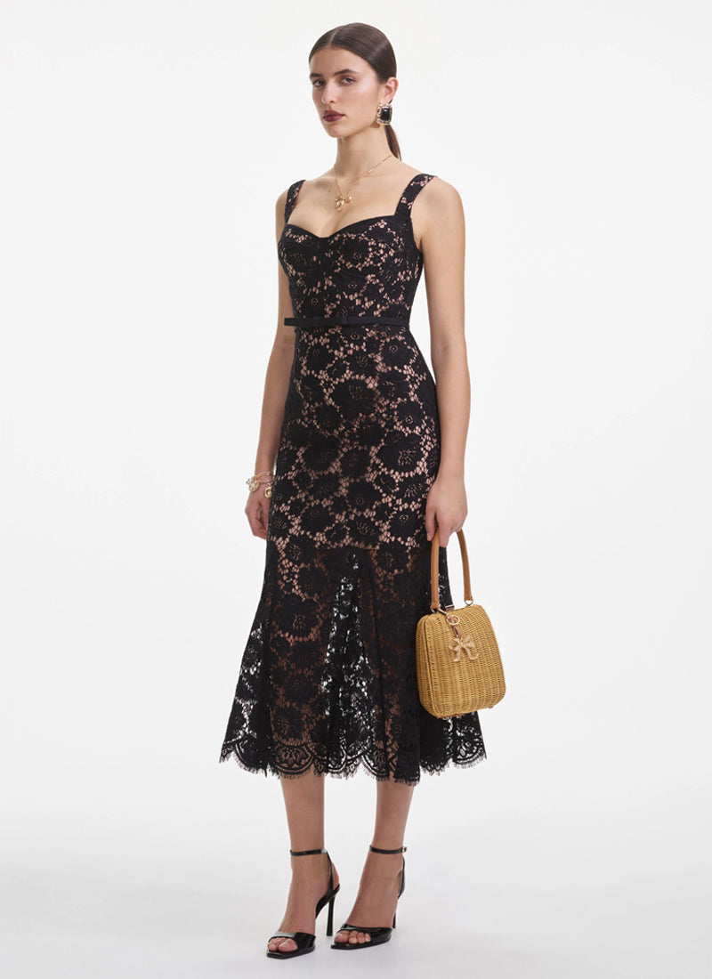 Self Portrait Fine Lace Belted Midi Dress