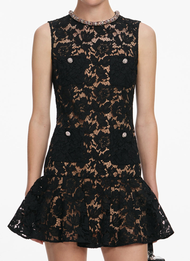 Black Lace Crystal Mini Dress