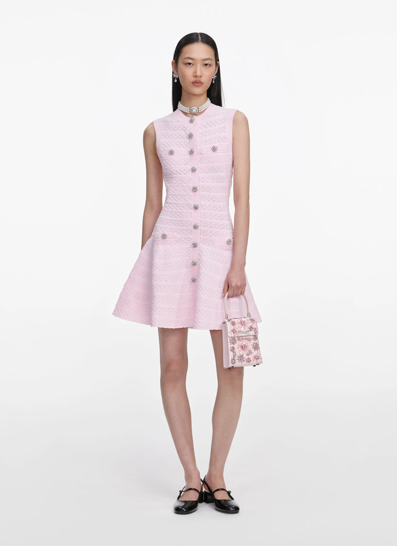 Self Portrait Pink Pointelle Diamante Knit Mini Dress