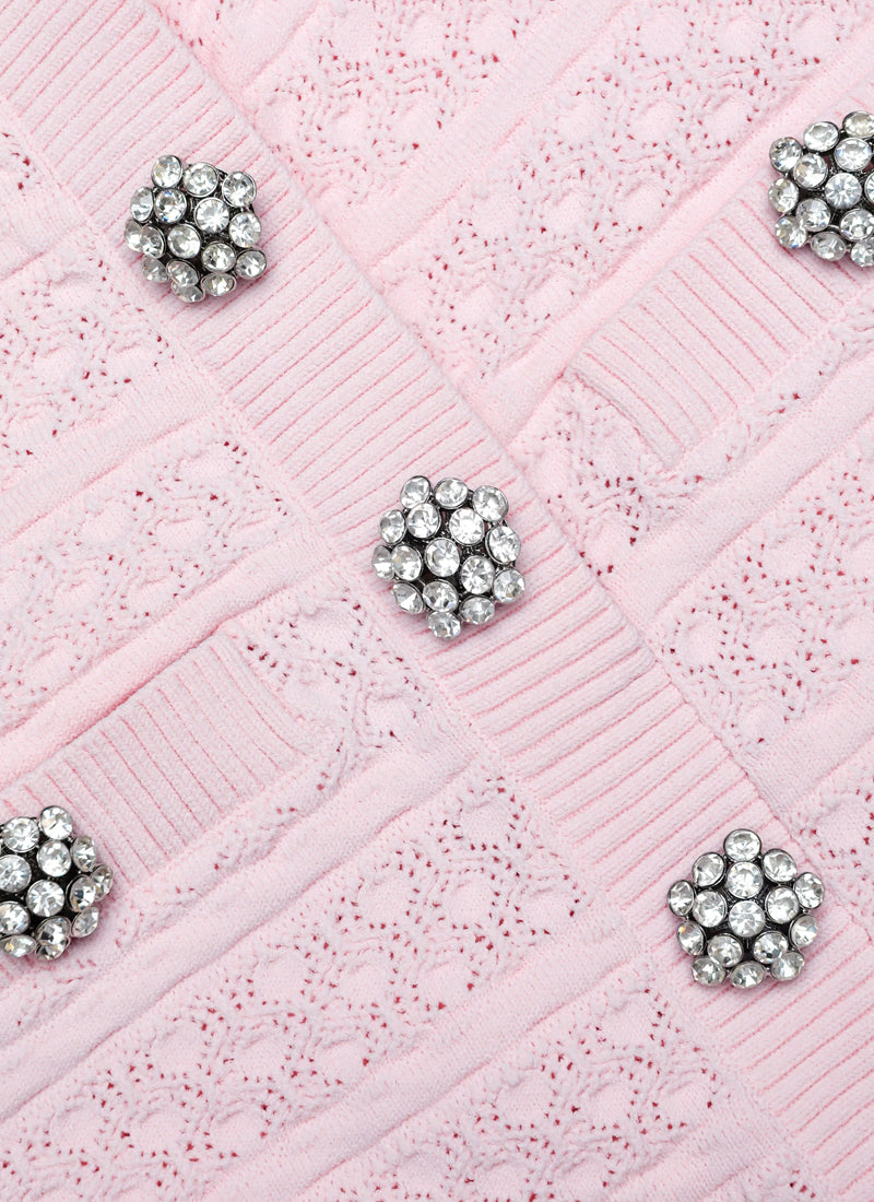 Self Portrait Pink Pointelle Diamante Knit Mini Dress