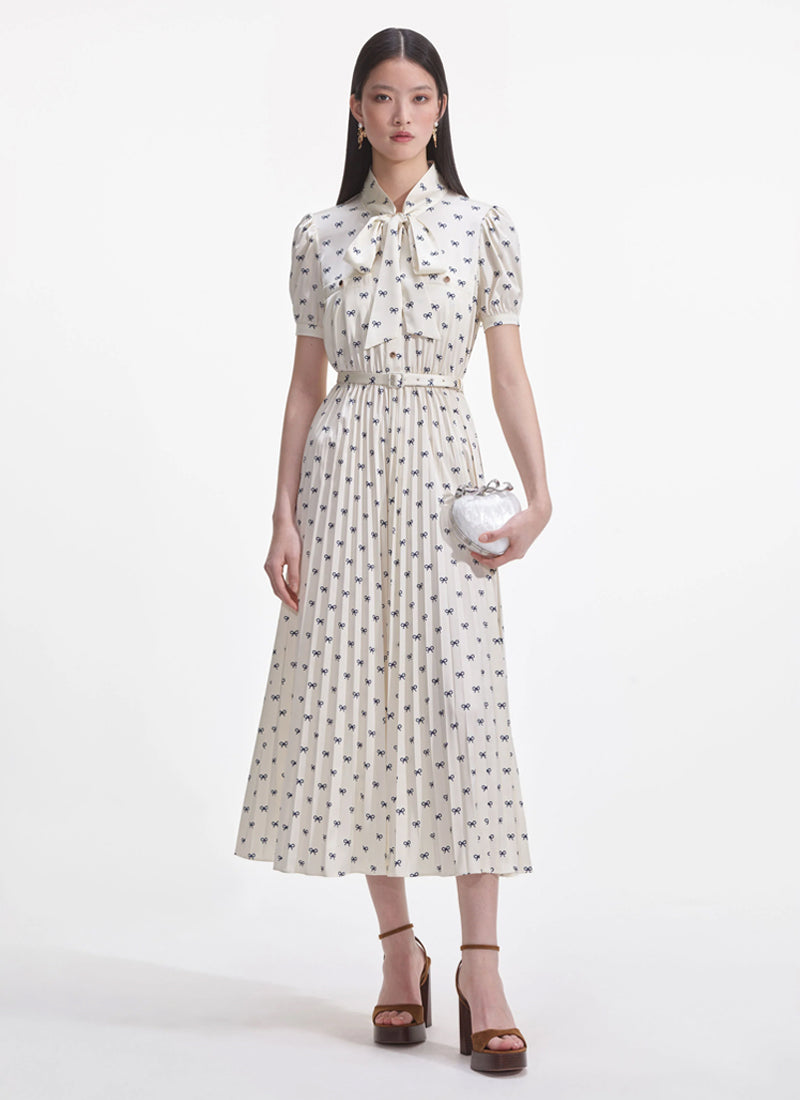 Self Portrait Satin Bow Print Midi Dress