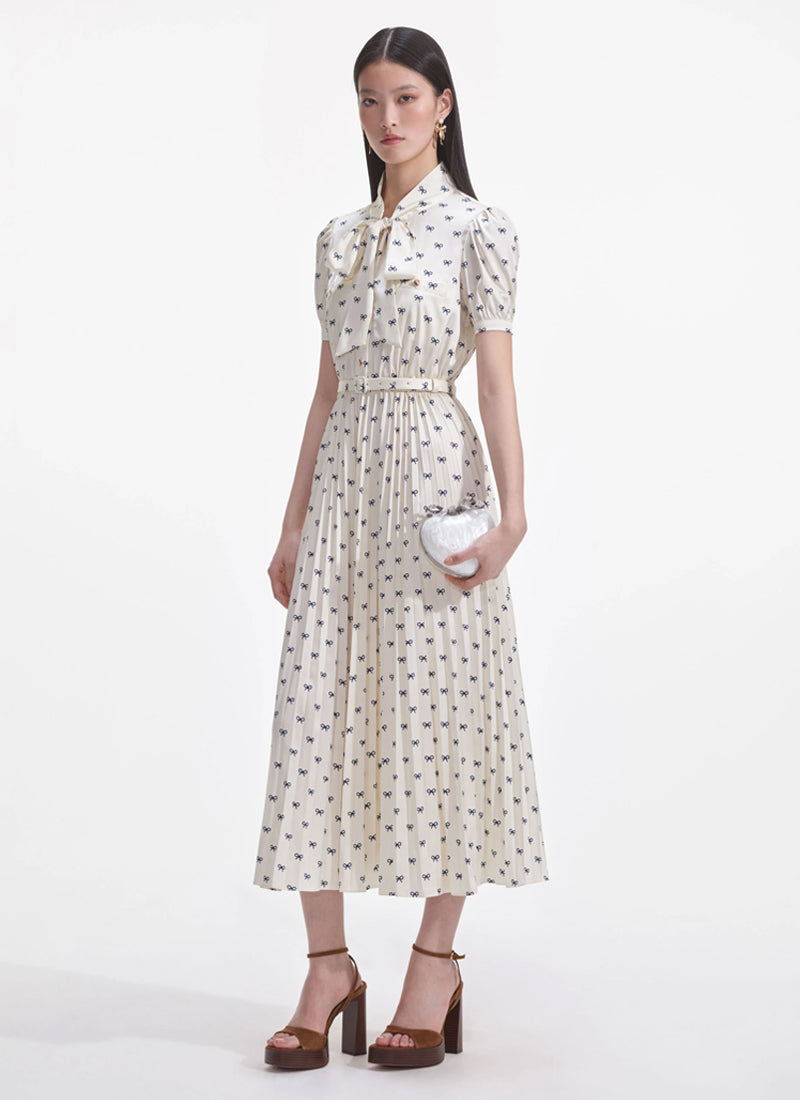 Self Portrait Satin Bow Print Midi Dress
