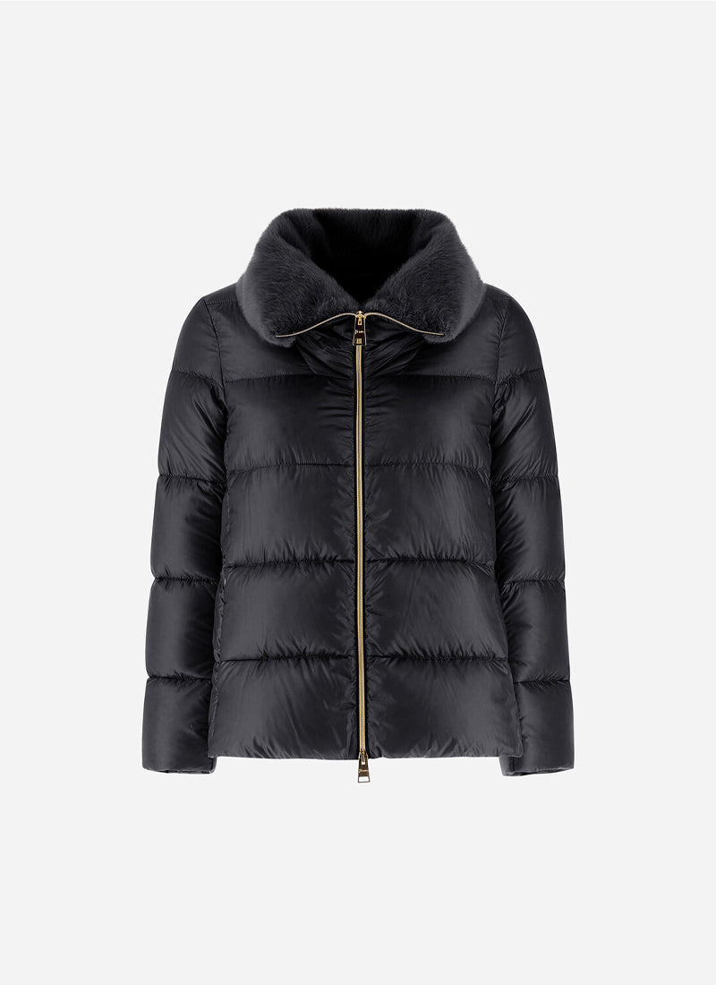 Shiny Nylon Short Zip Fur Collar Jacket