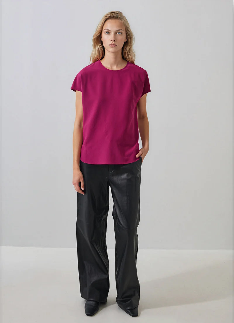 Short Sleeve Silk Dolman Crewneck Blouse