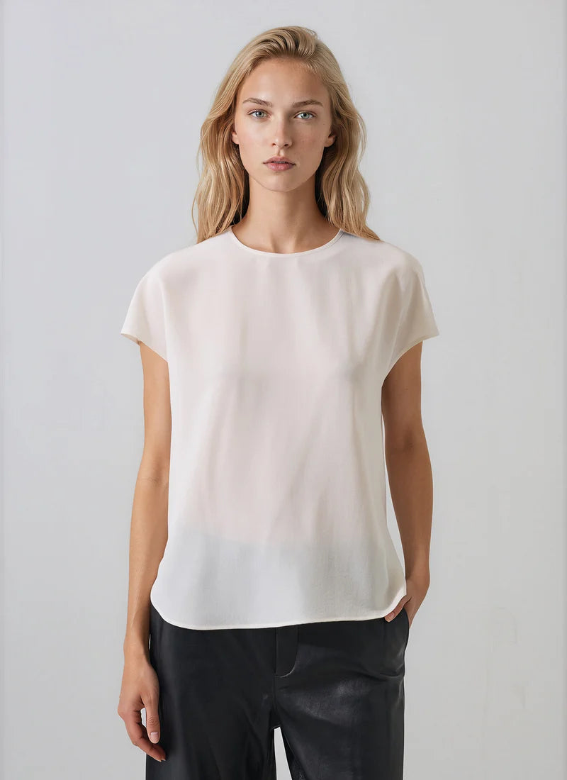 Short Sleeve Silk Dolman Crewneck Blouse