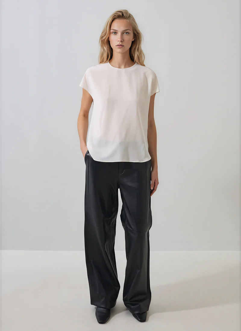 Short Sleeve Silk Dolman Crewneck Blouse