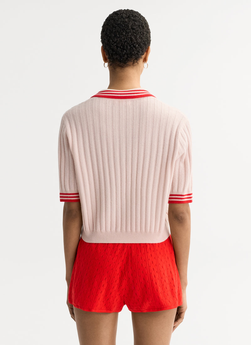 Striped Pique Cashmere Polo in pink by Soft Goat