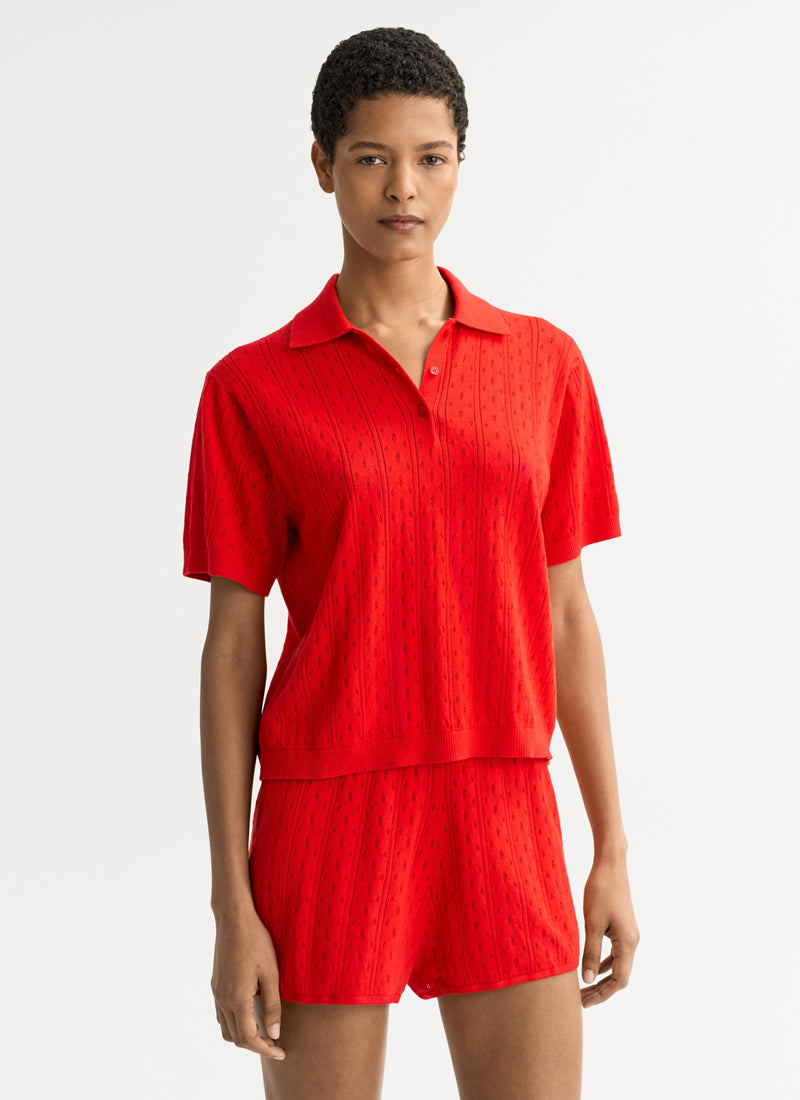 Pointelle Pique Polo in red by Soft Goat
