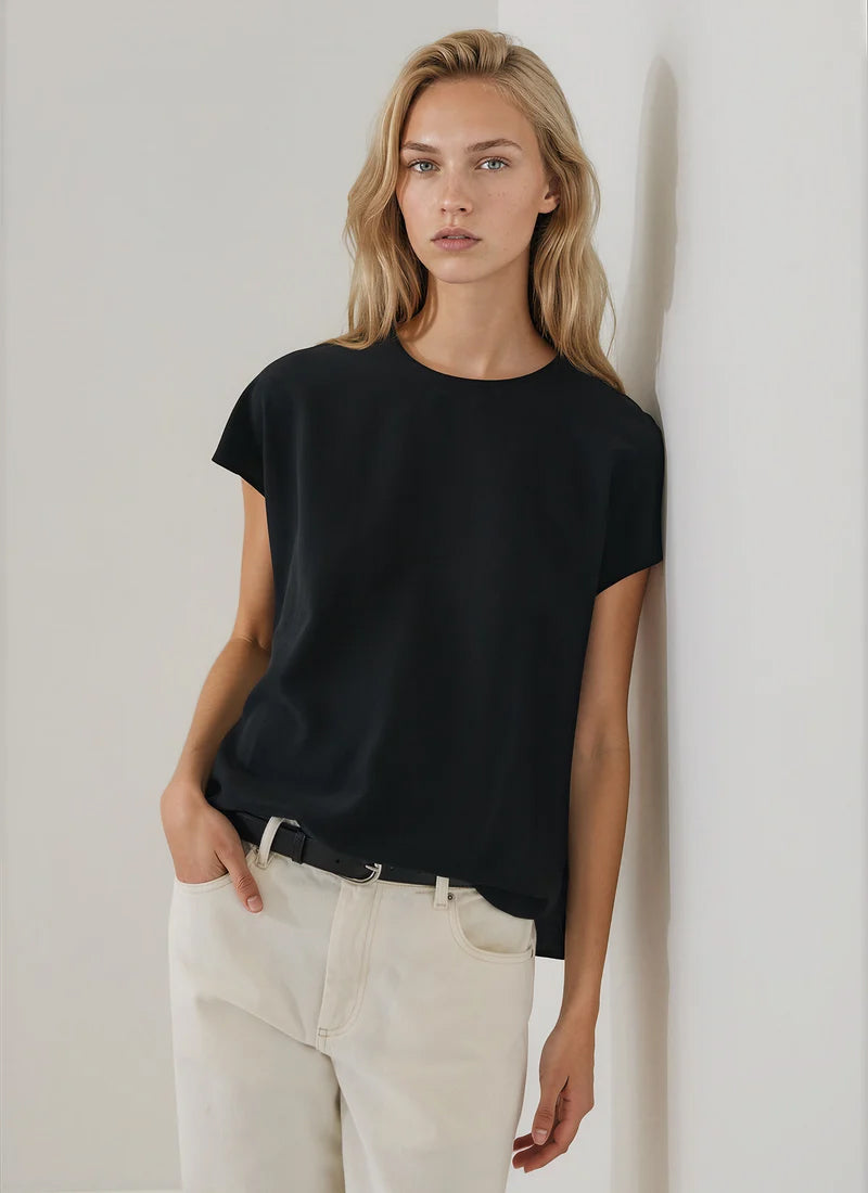 Short Sleeve Silk Dolman Crewneck Blouse