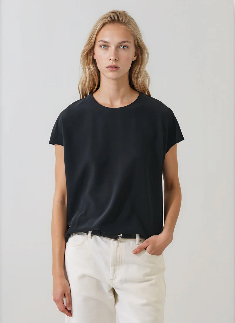 Short Sleeve Silk Dolman Crewneck Blouse