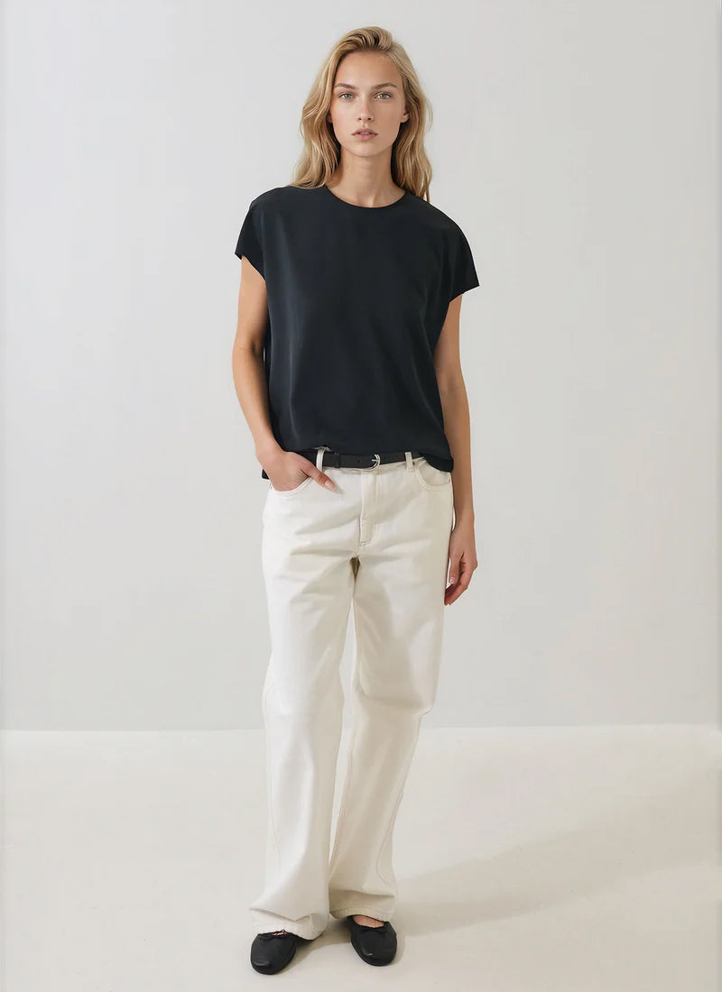 Short Sleeve Silk Dolman Crewneck Blouse