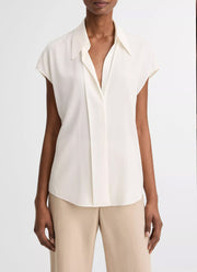 Vince Stretch-Silk Hidden-Placket Cap-Sleeve Blouse