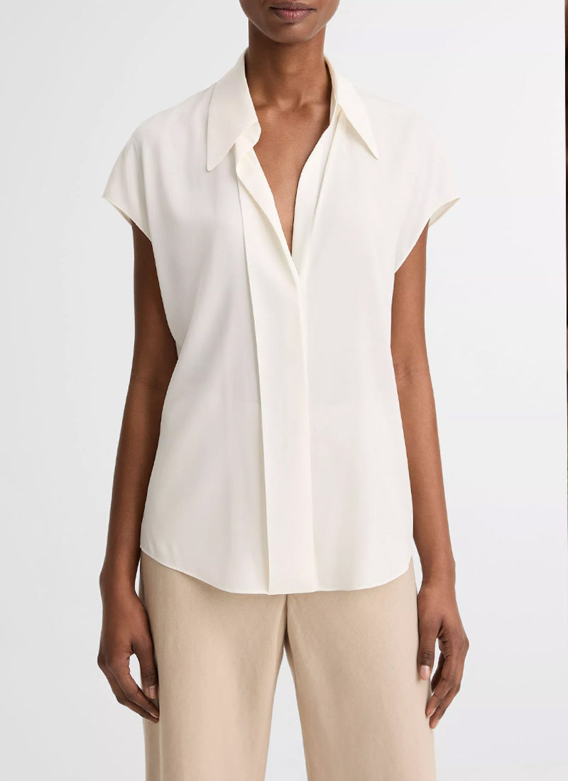 Vince Stretch-Silk Hidden-Placket Cap-Sleeve Blouse