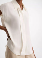 Vince Stretch-Silk Hidden-Placket Cap-Sleeve Blouse