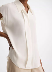 Vince Stretch-Silk Hidden-Placket Cap-Sleeve Blouse