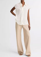 Vince Stretch-Silk Hidden-Placket Cap-Sleeve Blouse
