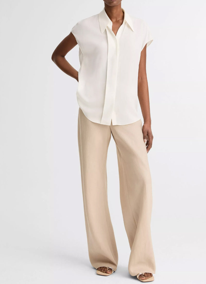Vince Stretch-Silk Hidden-Placket Cap-Sleeve Blouse