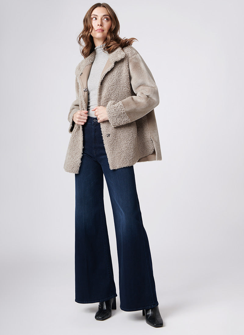 Suprema Stand Collar Textured Shearling Coat