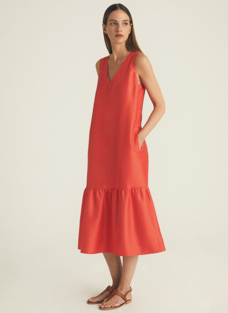 Rosso35 V-Neck Sleeveless Midi Dress with Flounce Hem