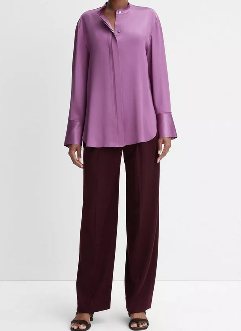 Vince Silk Raw-Edge Band Collar Blouse