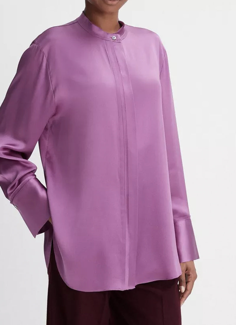 Vince Silk Raw-Edge Band Collar Blouse