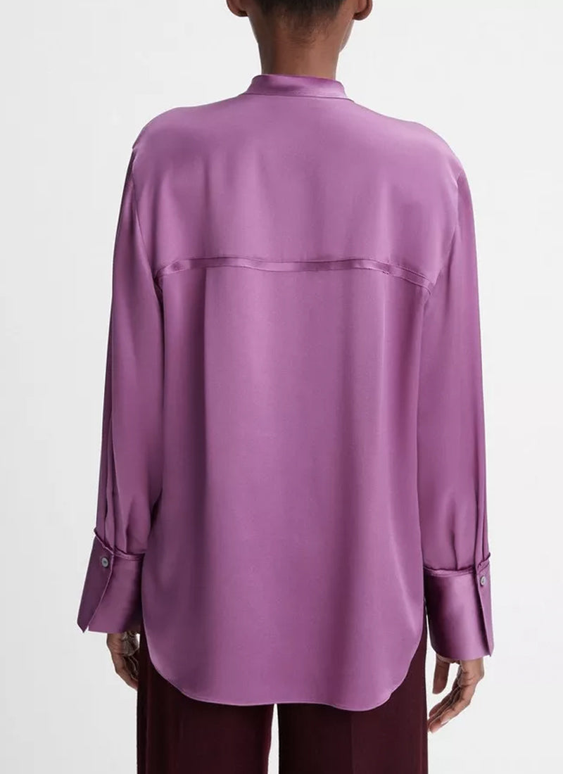 Vince Silk Raw-Edge Band Collar Blouse