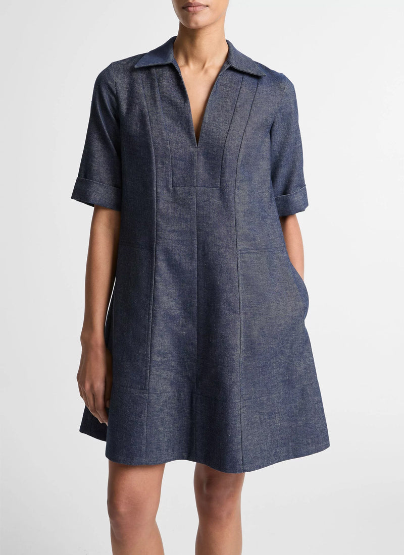 Cotton-Linen Chambray A-Line Dress by Vince